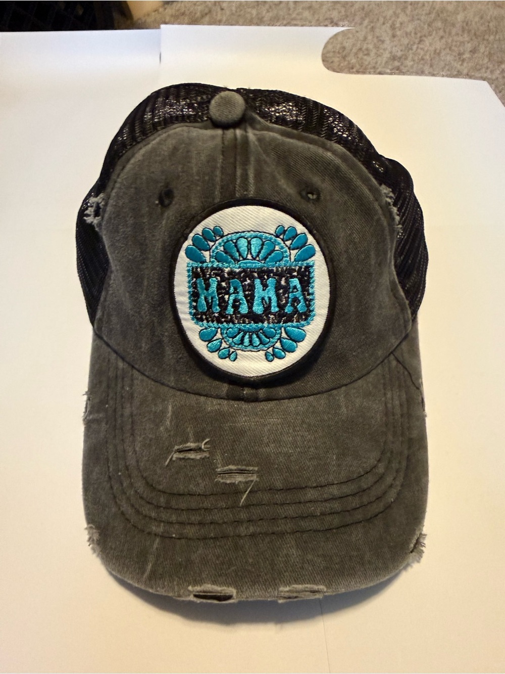 Mama Embroidered Distressed Trucker Cap - Gray with Turquoise Patch